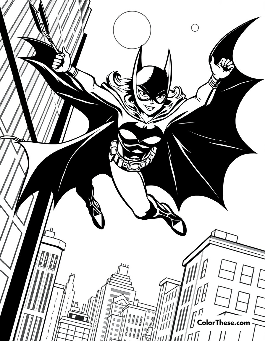 Free printable batgirl's patrol coloring page for kids and adults - A batgirl swinging through gotham on her patrol route.