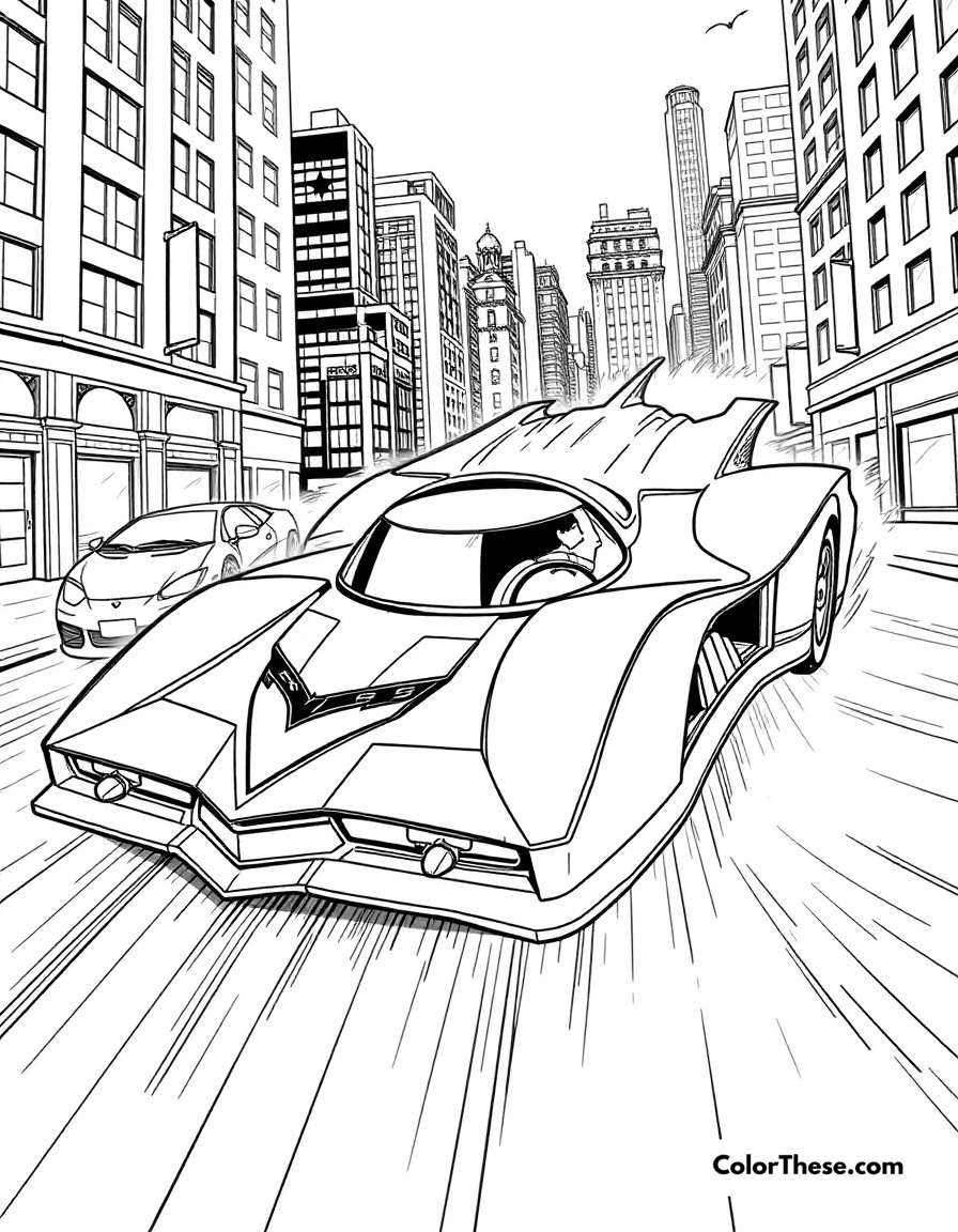 Free printable batmobile chase coloring page for kids and adults - A the sleek batmobile racing through gotham's streets during a high-speed pursuit.