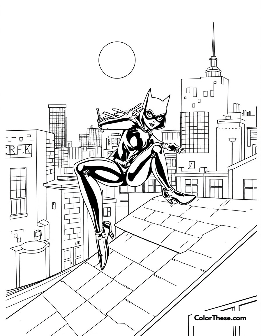 Free printable catwoman's heist coloring page for kids and adults - A catwoman skillfully navigating rooftops during a midnight heist.