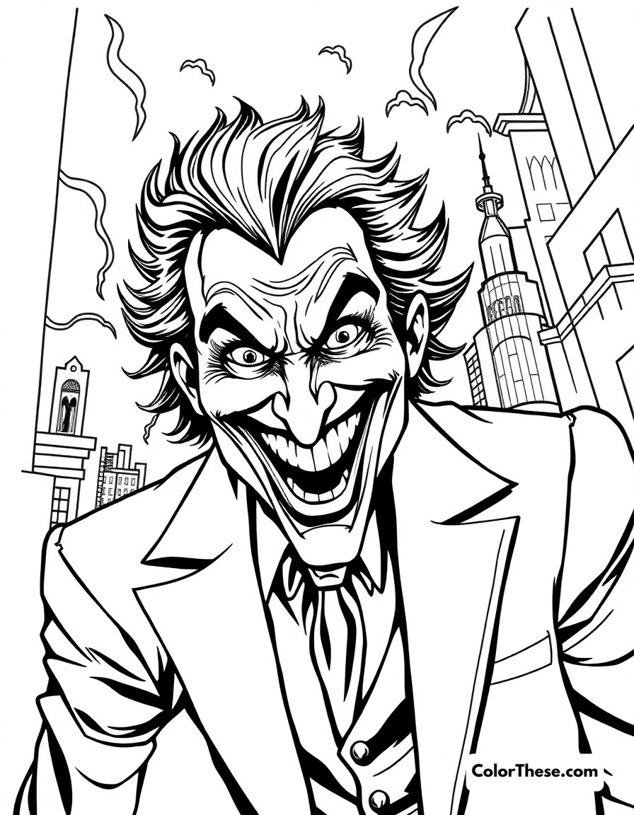 Free printable joker's laugh coloring page for kids and adults - A the joker with his iconic grin, causing chaos in gotham city.