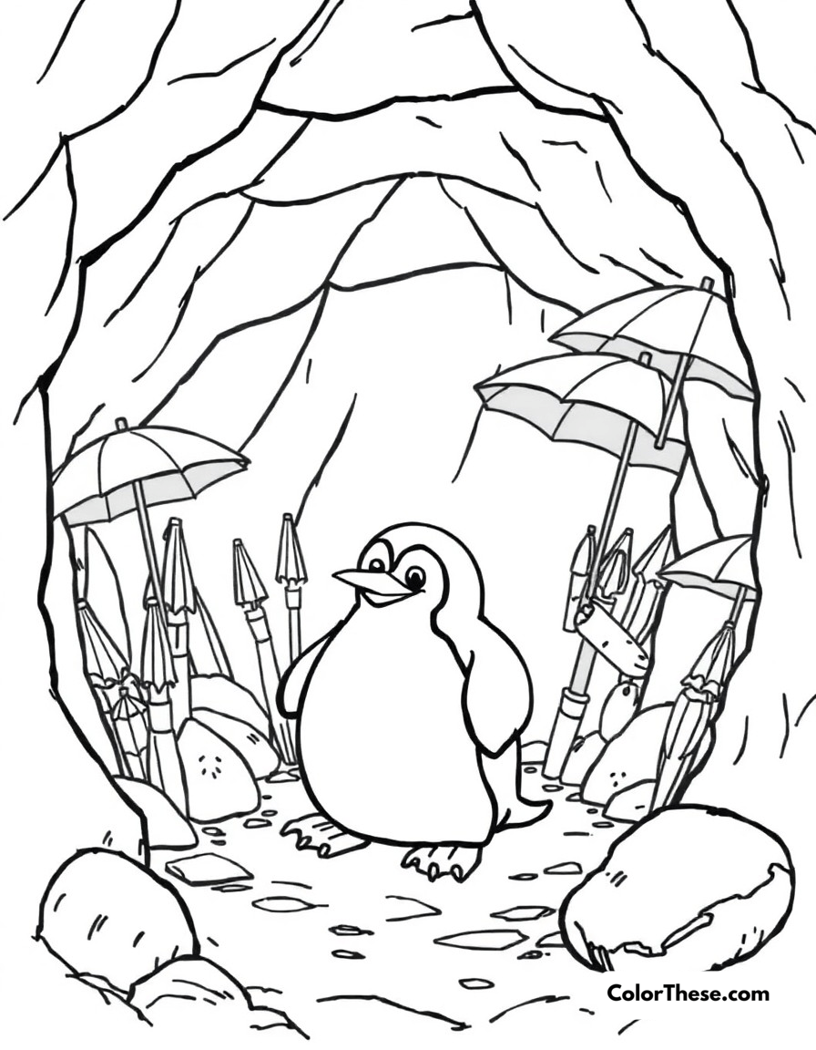 Free printable penguin's lair coloring page for kids and adults - A the penguin in his elaborate underground hideout with his umbrella collection.