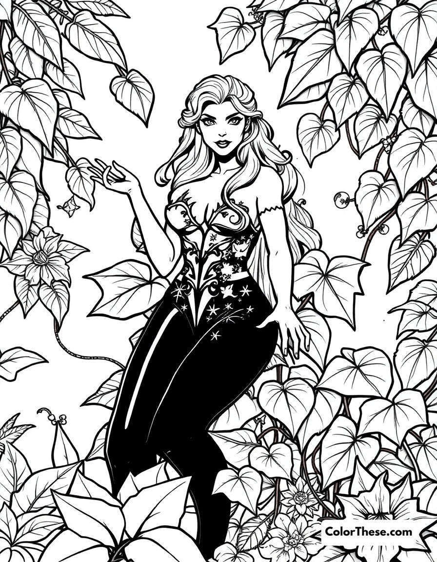 Free printable poison ivy's garden coloring page for kids and adults - A poison ivy surrounded by her exotic and dangerous plants.