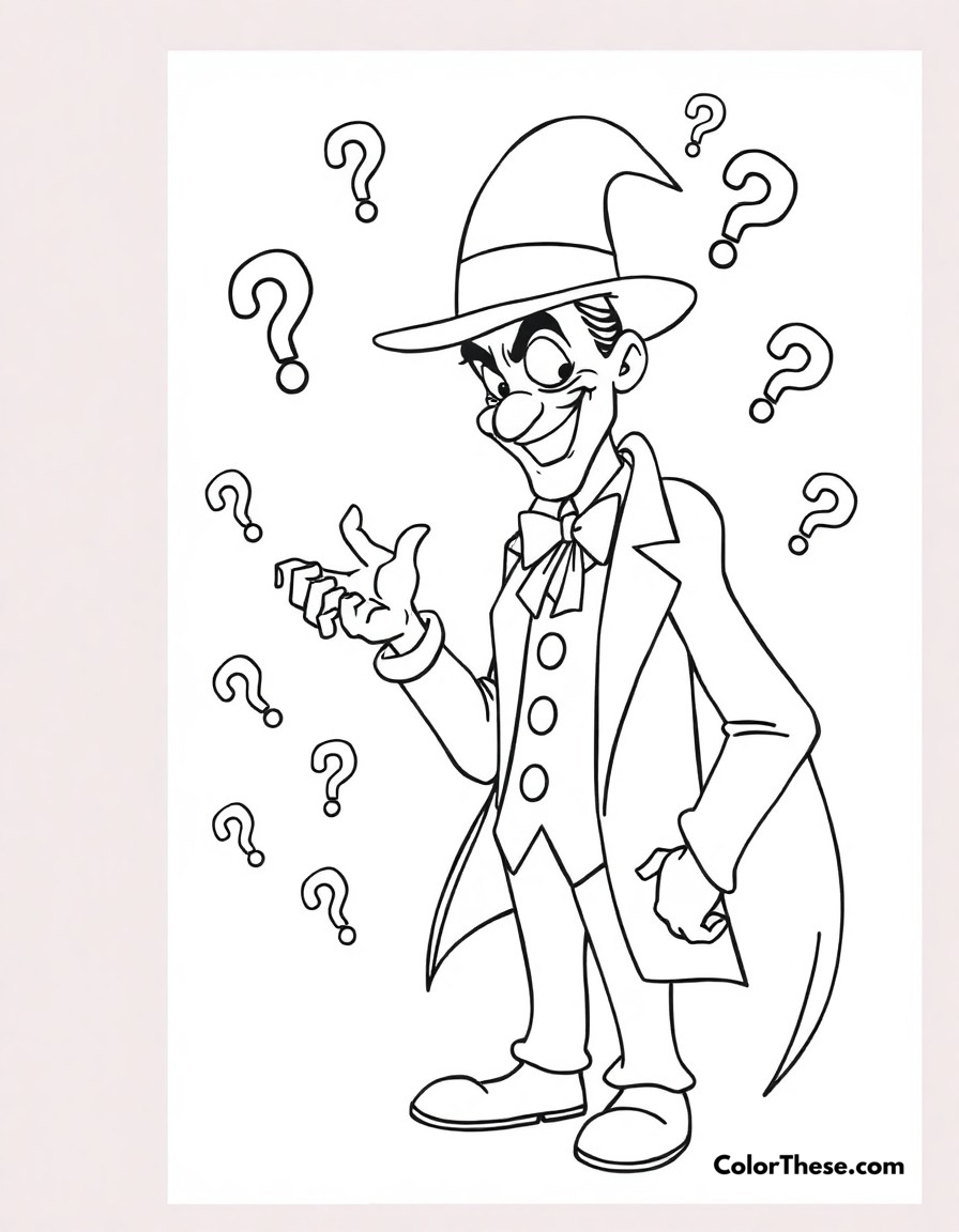 Free printable riddler's puzzle coloring page for kids and adults - A the riddler presenting one of his challenging riddles with question marks everywhere.