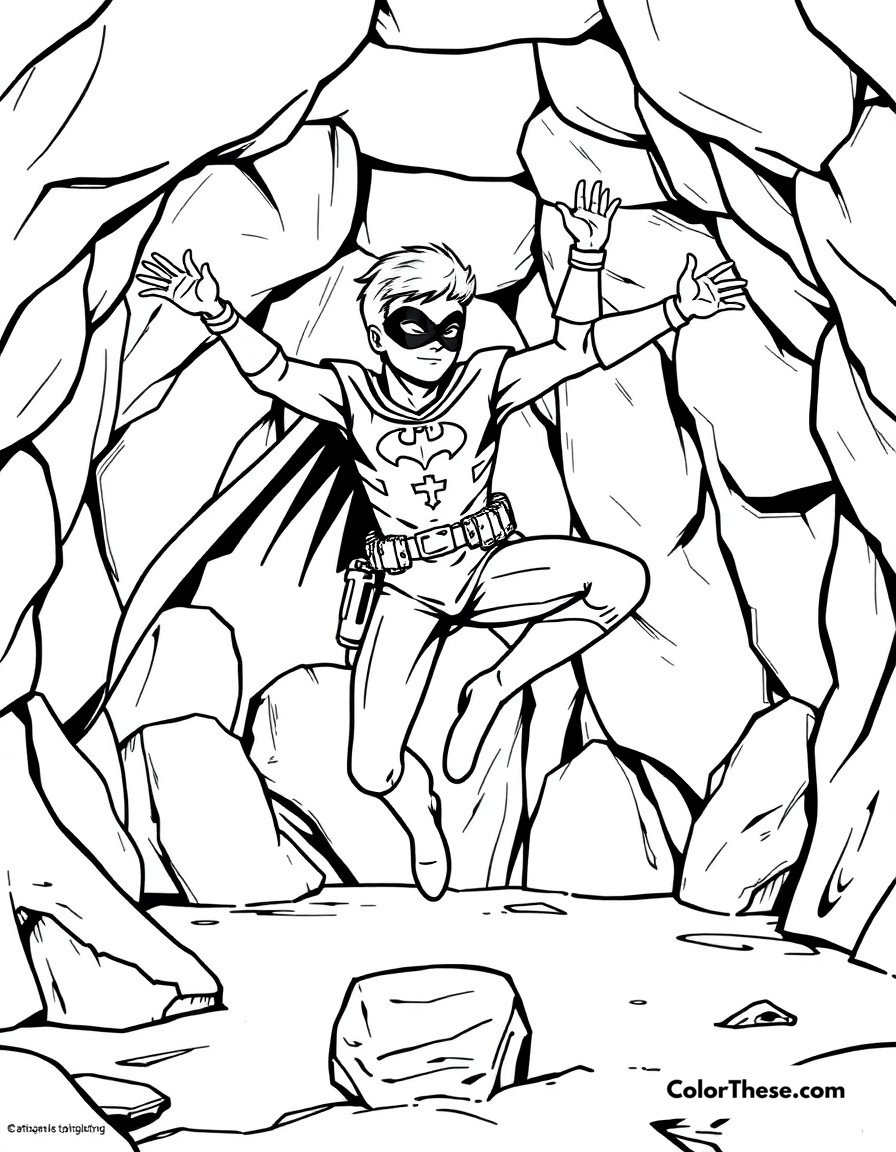 Free printable robin's training coloring page for kids and adults - A robin practicing his acrobatic moves in the batcave's training area.