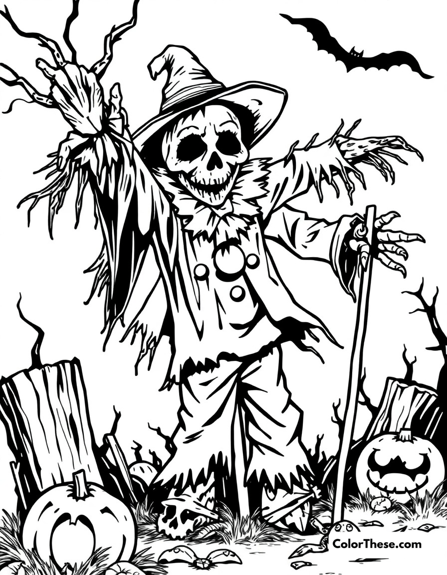 Free printable scarecrow's fear coloring page for kids and adults - A scarecrow unleashing his fear toxin in a spooky scene.