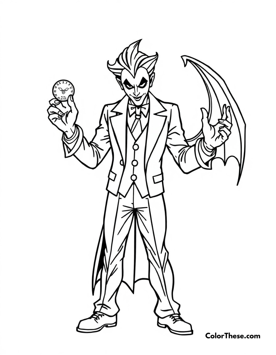 Free printable two-face's choice coloring page for kids and adults - A two-face flipping his lucky coin while standing between good and evil.