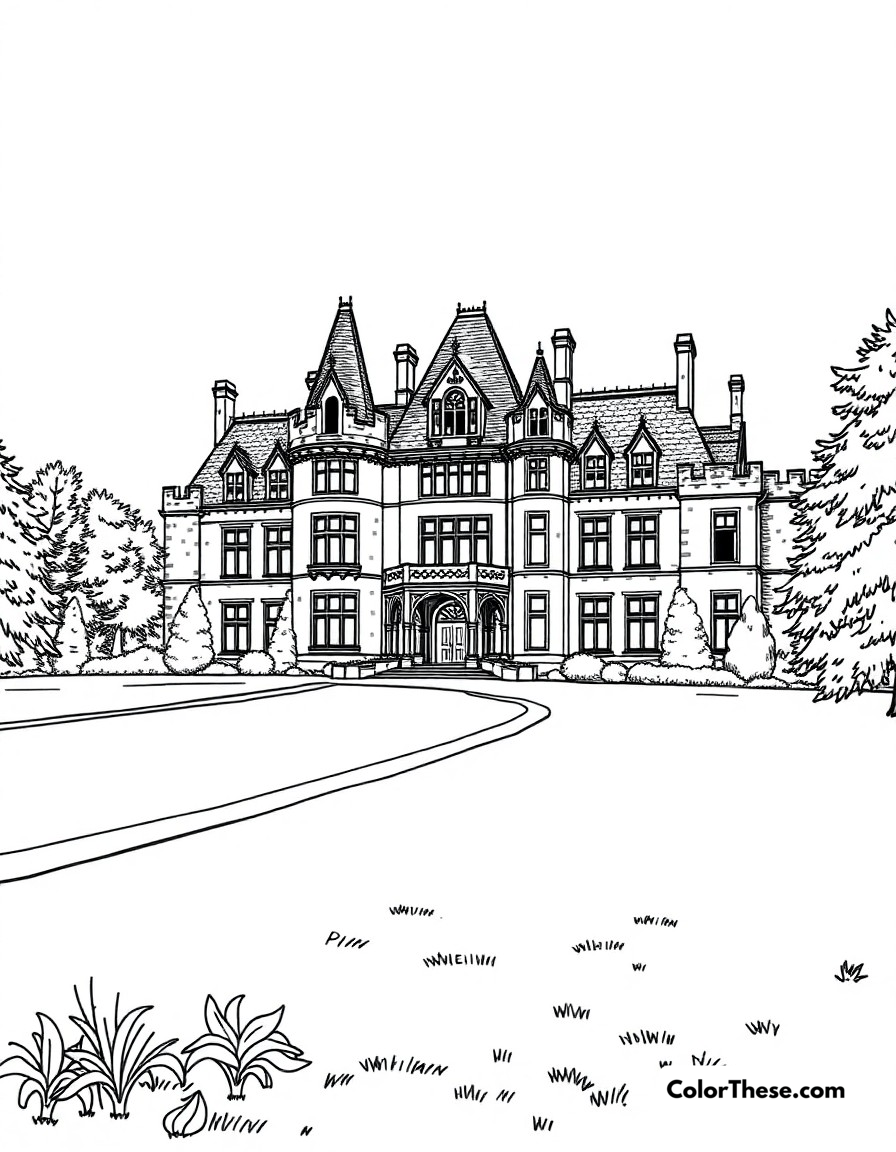 Free printable wayne manor coloring page for kids and adults - A the impressive wayne manor standing majestically on its grounds.