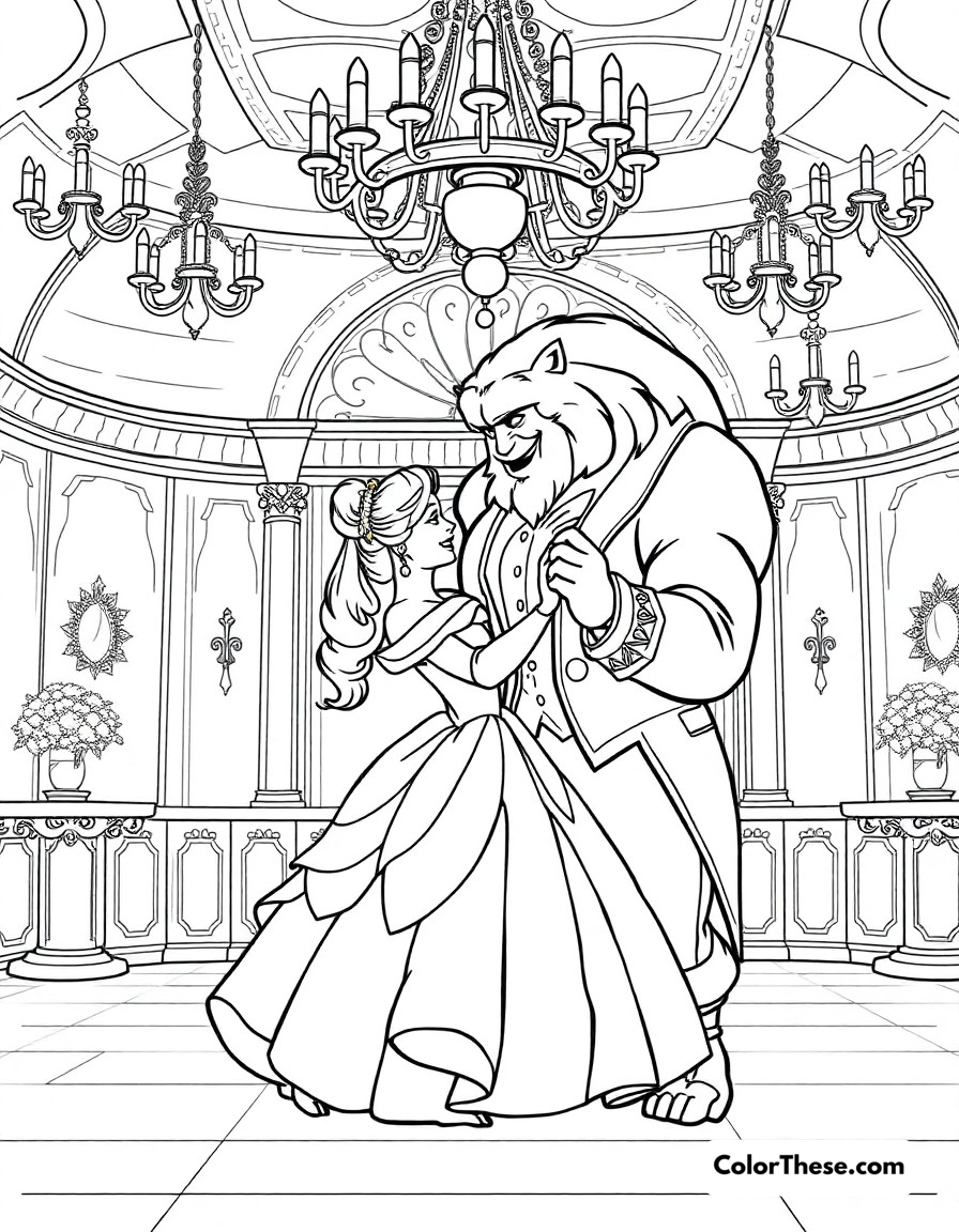 Free printable ballroom dance coloring page for kids and adults - A belle and beast sharing their iconic dance in the grand ballroom, with chandeliers sparkling above.