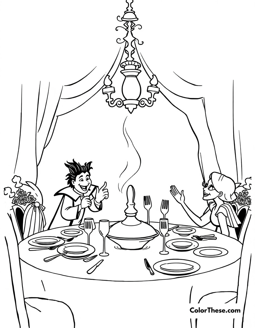 Free printable be our guest coloring page for kids and adults - A the spectacular 'be our guest' dinner scene with dancing dishes and silverware.