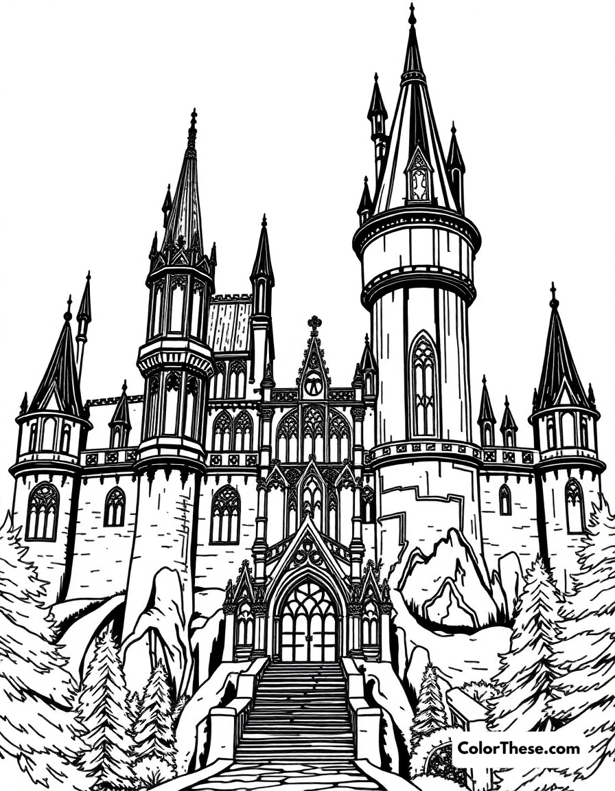 Free printable castle exterior coloring page for kids and adults - A the beast's magnificent castle with its gothic architecture and magical atmosphere.