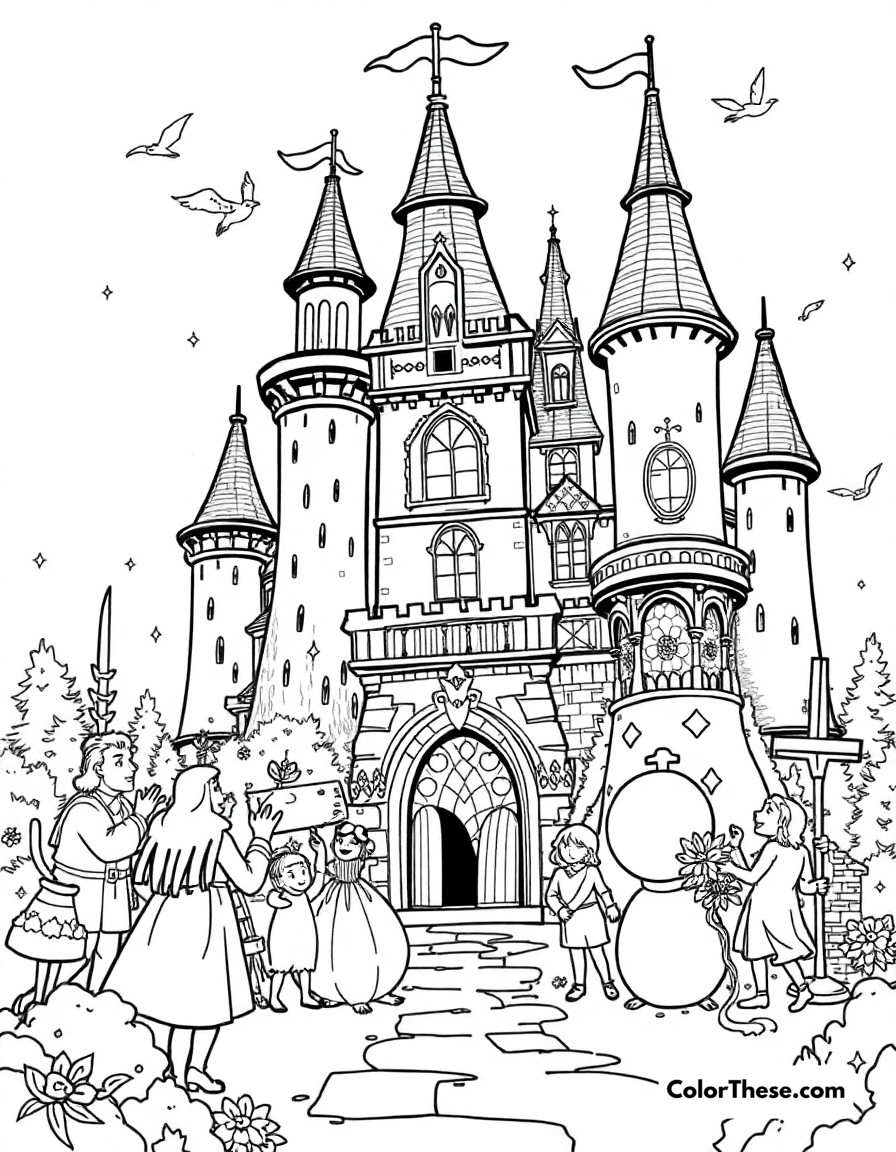 Free printable castle celebration coloring page for kids and adults - A the entire castle celebrating as all the enchanted objects return to human form.