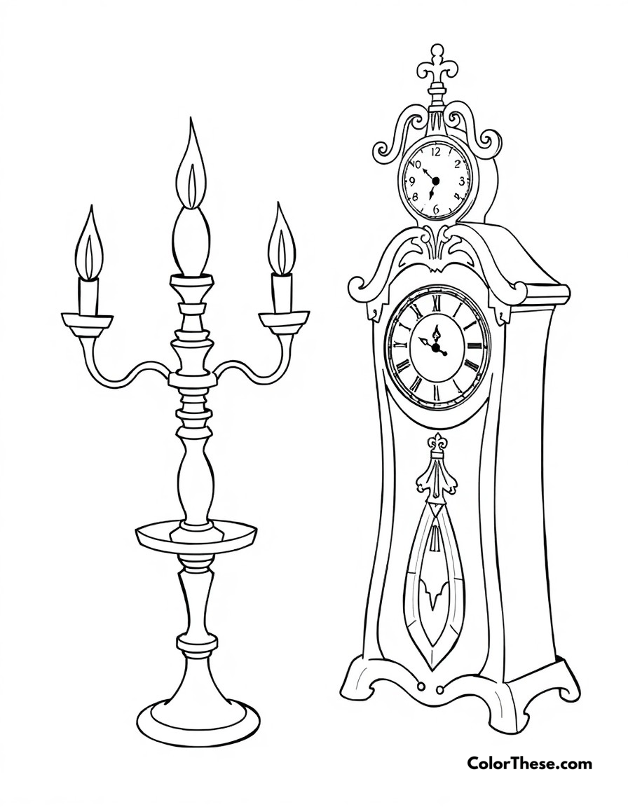 Free printable lumiere and cogsworth coloring page for kids and adults - A the charming candelabra lumiere and proper clock cogsworth in a fun scene together.