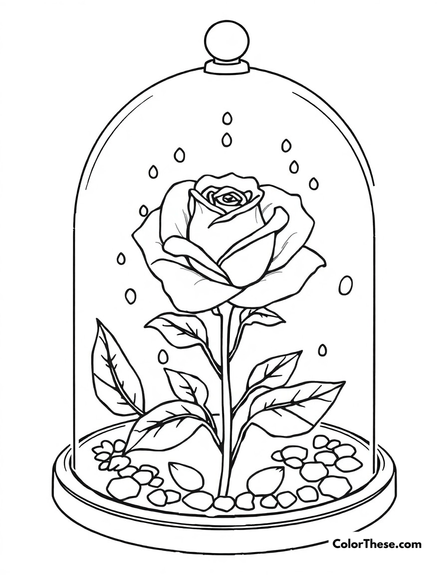 Free printable beast's rose coloring page for kids and adults - A the enchanted rose under its glass dome, with falling petals marking time.