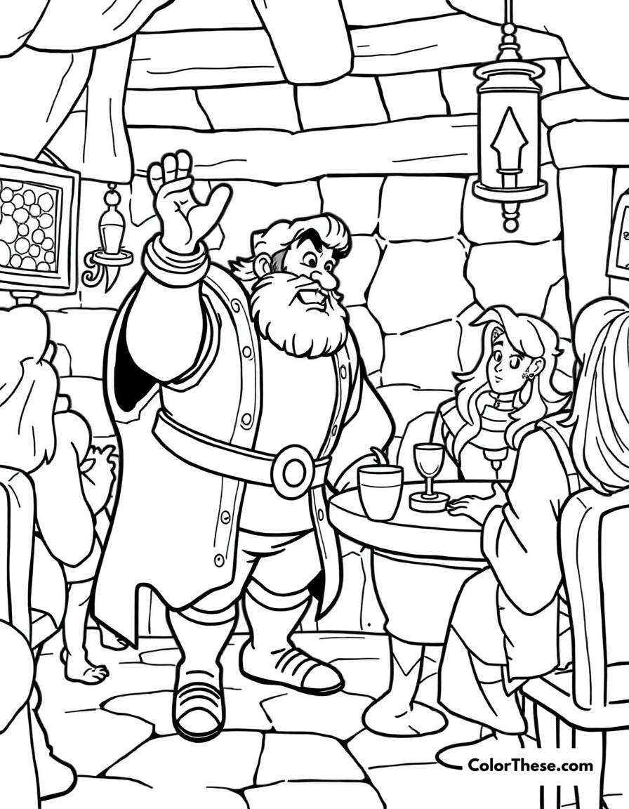 Free printable gaston's tavern coloring page for kids and adults - A gaston boasting in his tavern, surrounded by his admirers.