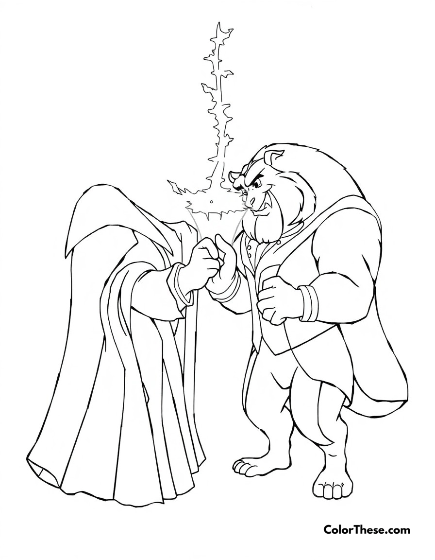 Free printable beast's transformation coloring page for kids and adults - A the magical moment when the beast transforms back into a prince.