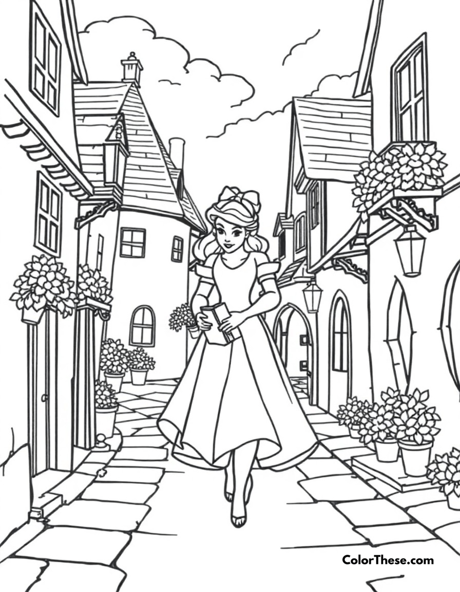 Free printable belle's village coloring page for kids and adults - A belle walking through her provincial town with a book in hand.