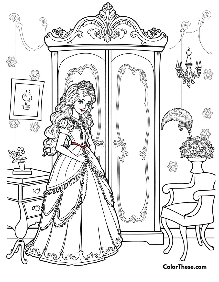 Free printable wardrobe and featherduster coloring page for kids and adults - A madame de la grande bouche the wardrobe and plumette the featherduster in belle's room.