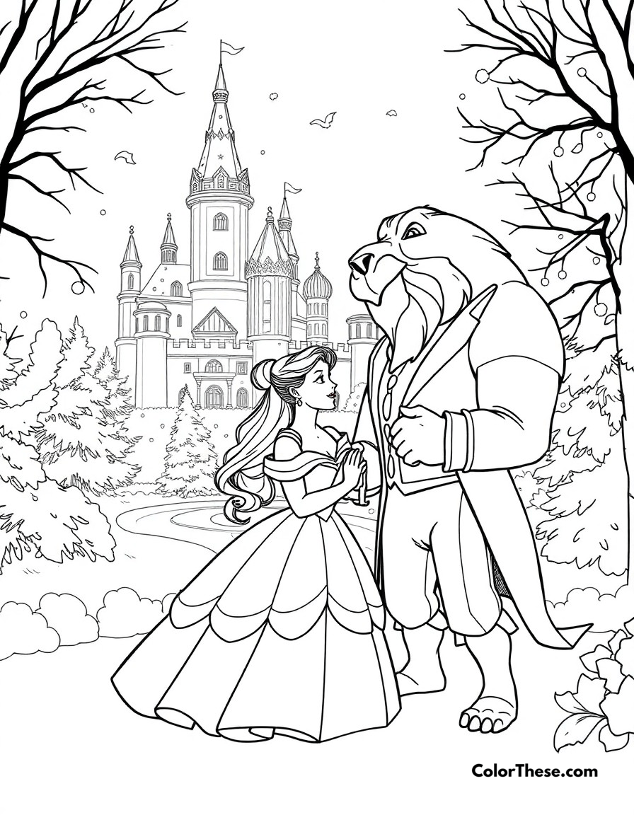 Free printable winter garden coloring page for kids and adults - A belle and beast enjoying a peaceful moment in the snow-covered castle gardens.