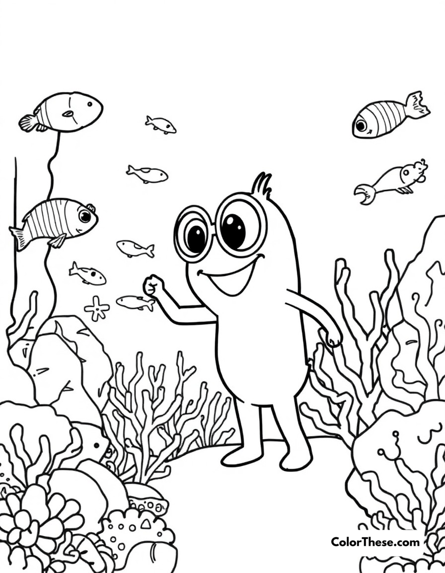 Free printable aquarium adventure coloring page for kids and adults - A blippi discovering sea creatures at the aquarium.