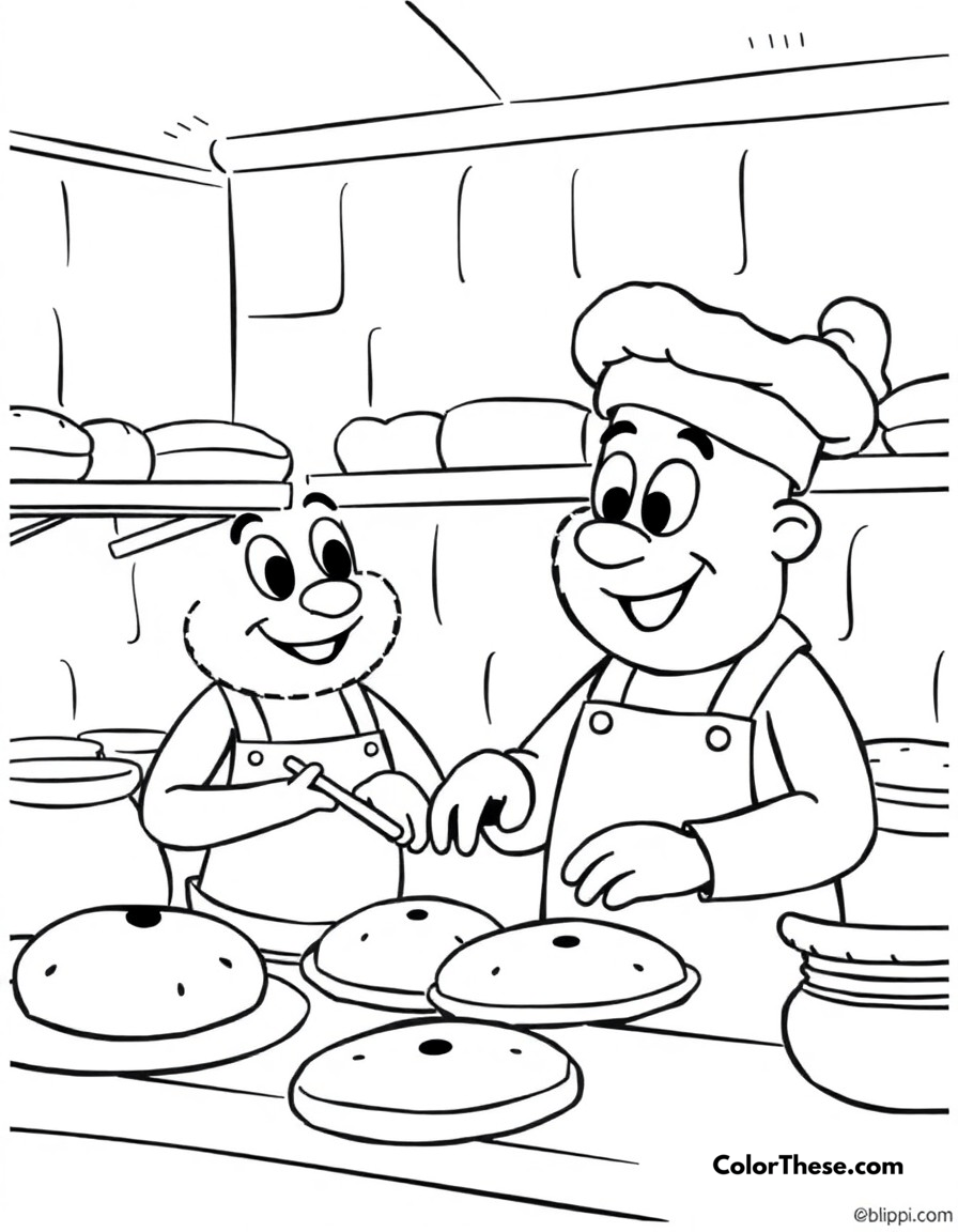 Free printable bakery visit coloring page for kids and adults - A blippi learning how bread and pastries are made at a bakery.