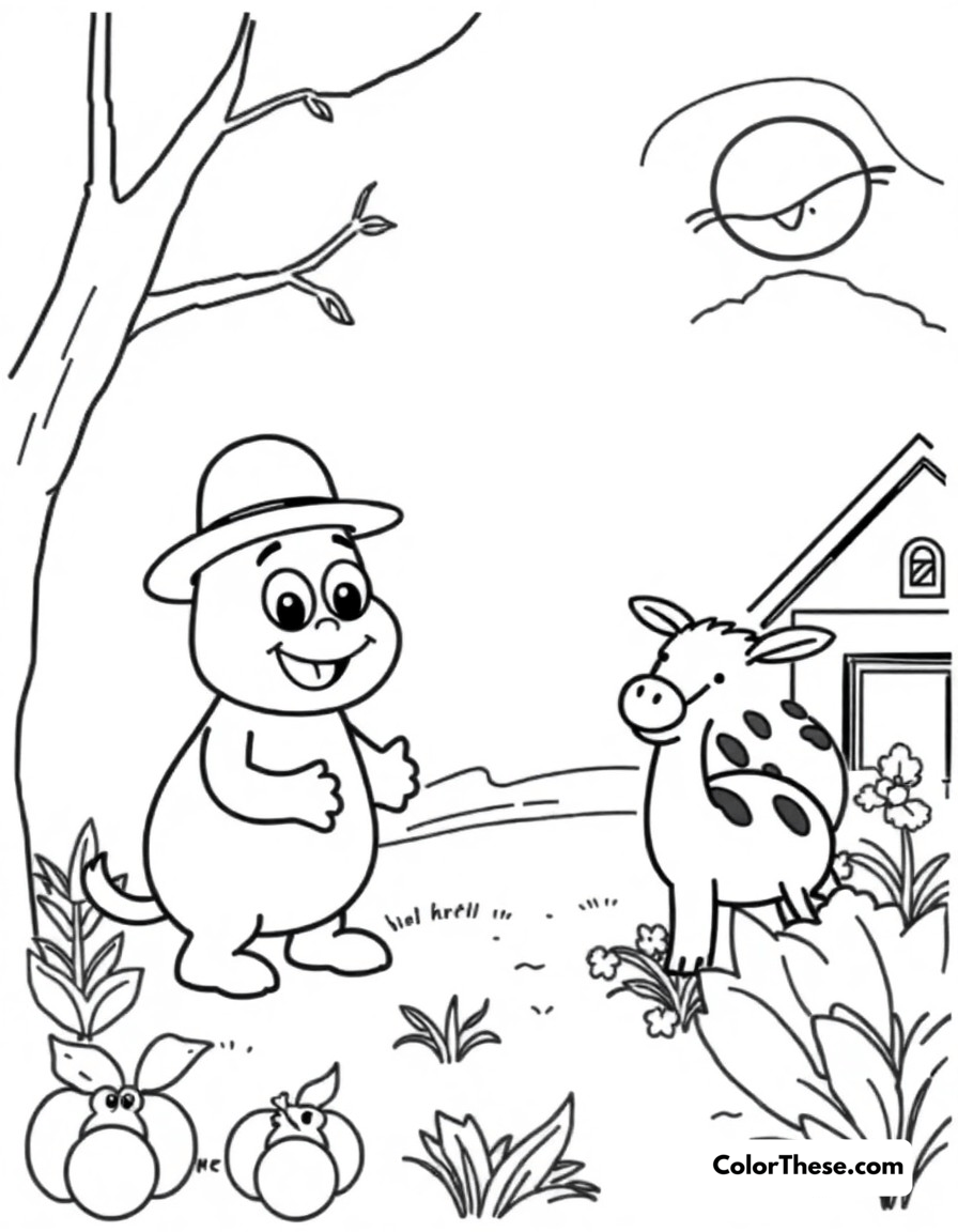 Free printable farm visit coloring page for kids and adults - A blippi meeting farm animals and learning about agriculture.