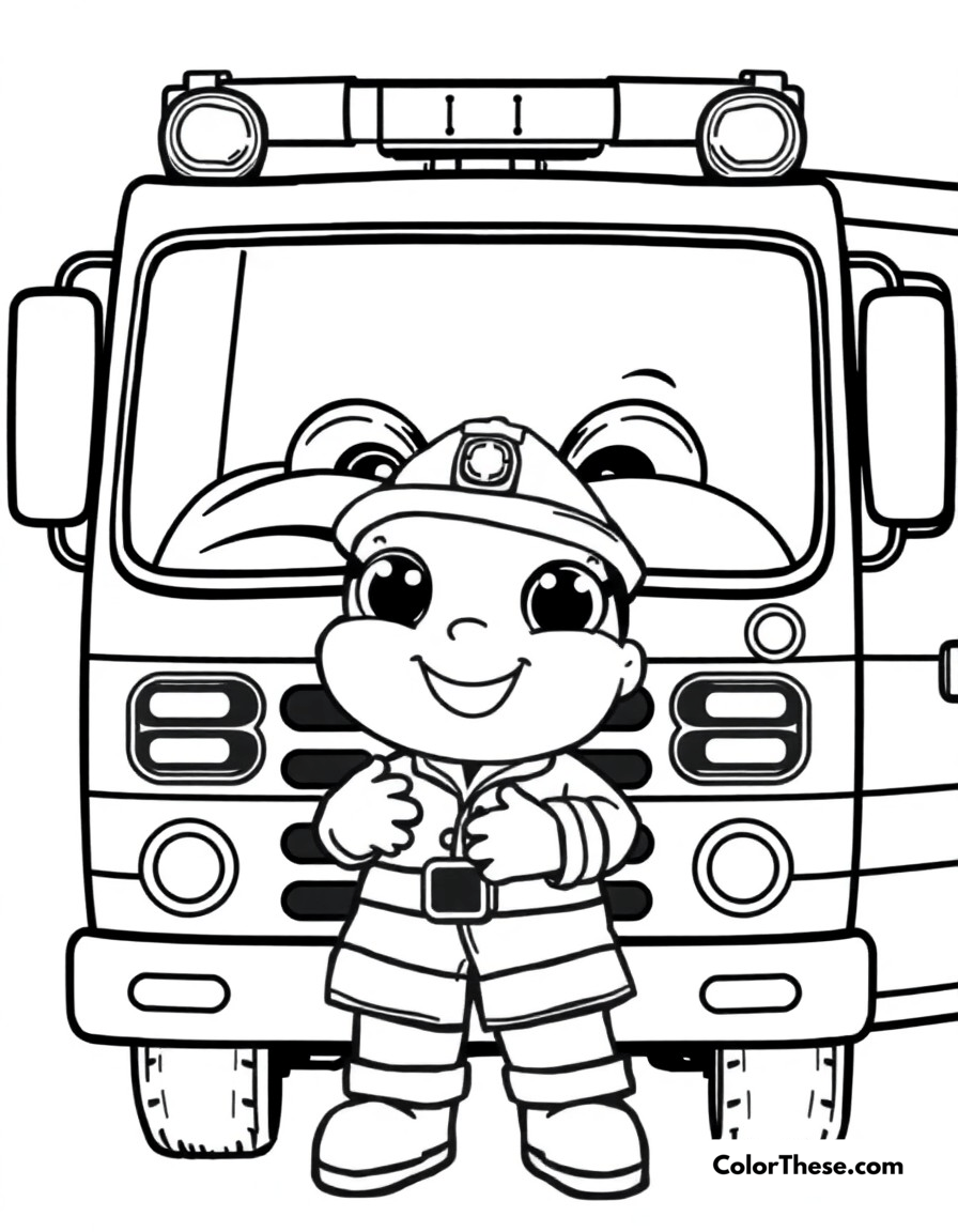 Free printable fire truck explorer coloring page for kids and adults - A blippi discovering all the parts of a fire truck with firefighter friends.