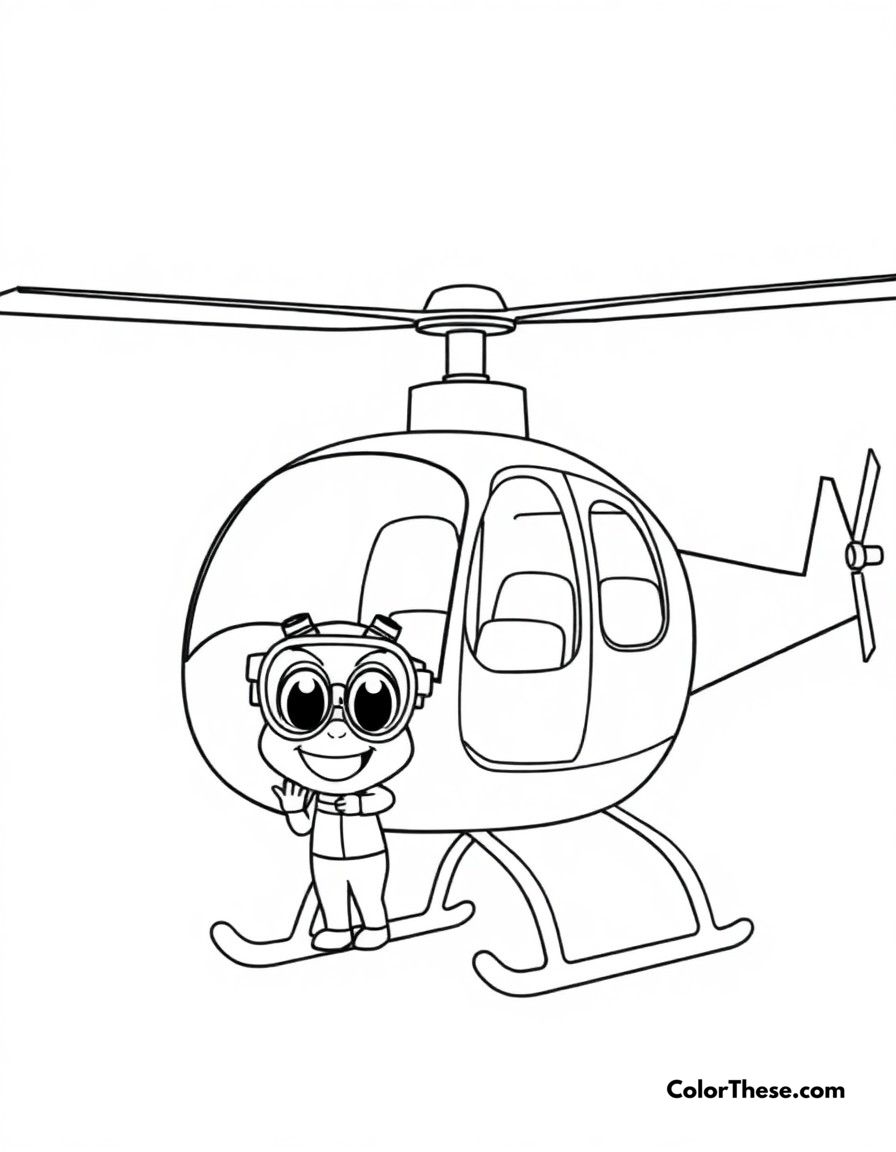 Free printable helicopter ride coloring page for kids and adults - A blippi exploring a helicopter and learning about aviation.