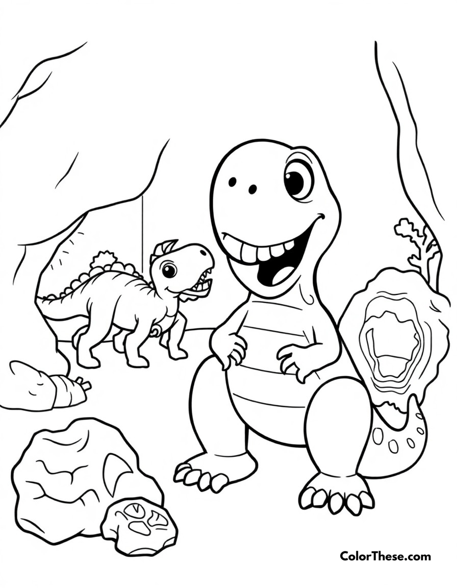 Free printable museum adventure coloring page for kids and adults - A blippi learning about dinosaurs and fossils at the children's museum.