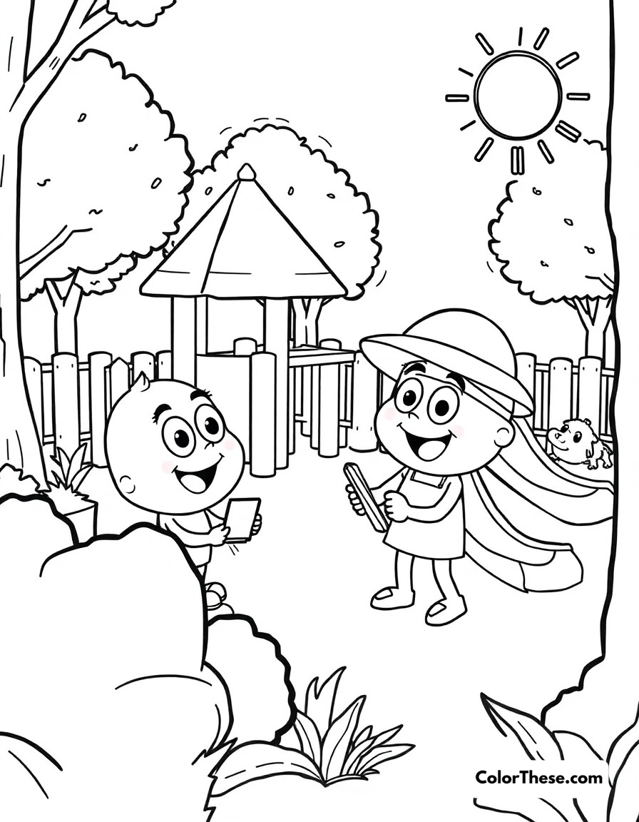 Free printable playground fun coloring page for kids and adults - A blippi playing and learning at an exciting outdoor playground.