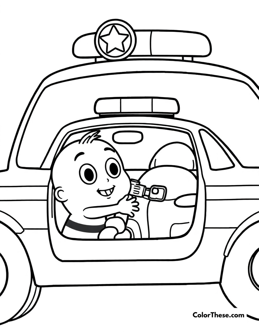 Free printable police car patrol coloring page for kids and adults - A blippi exploring a police car and learning about safety.