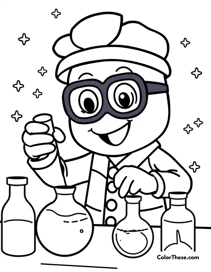 Free printable science lab fun coloring page for kids and adults - A blippi conducting fun and safe science experiments for kids.