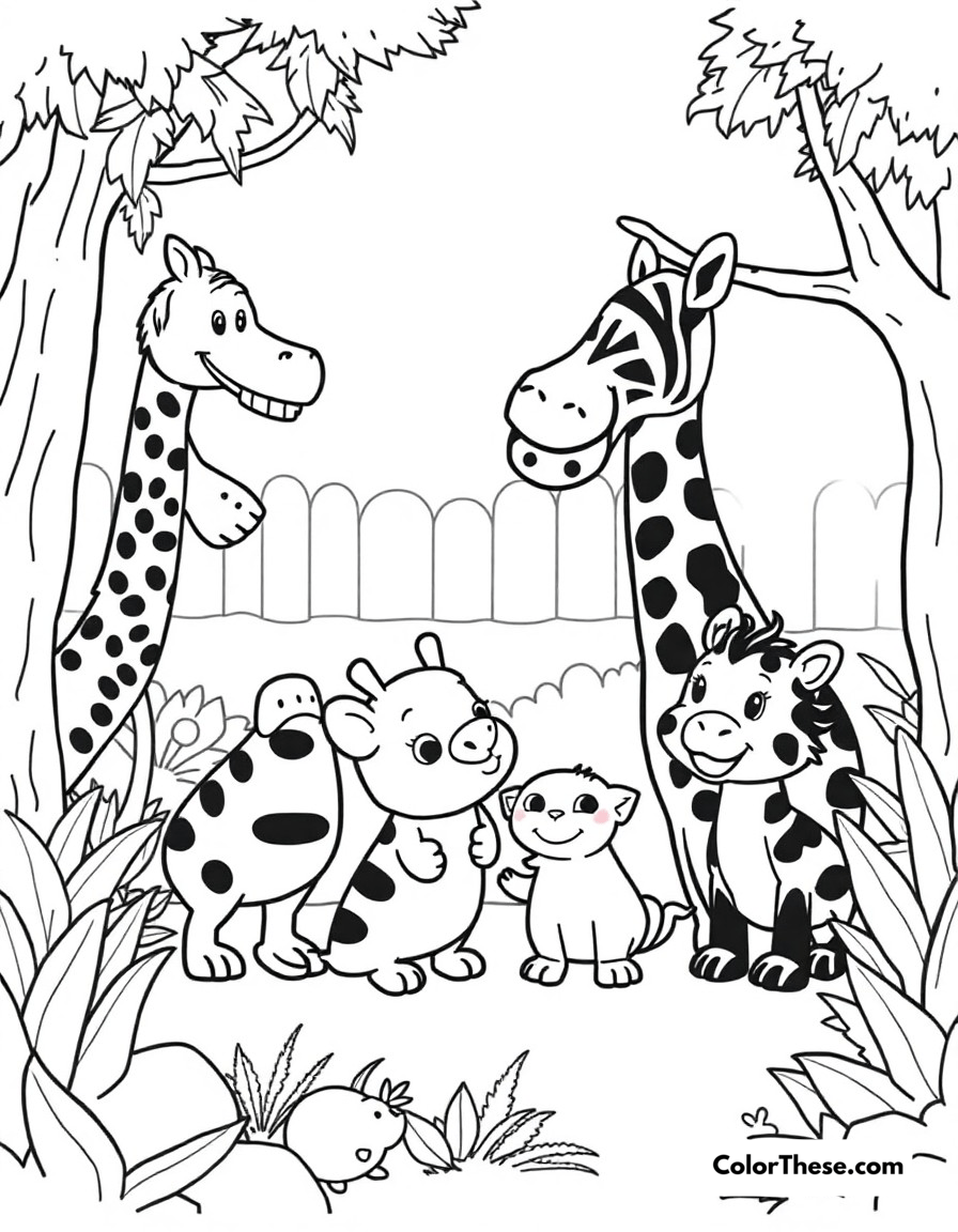 Free printable zoo friends coloring page for kids and adults - A blippi meeting and learning about different zoo animals.