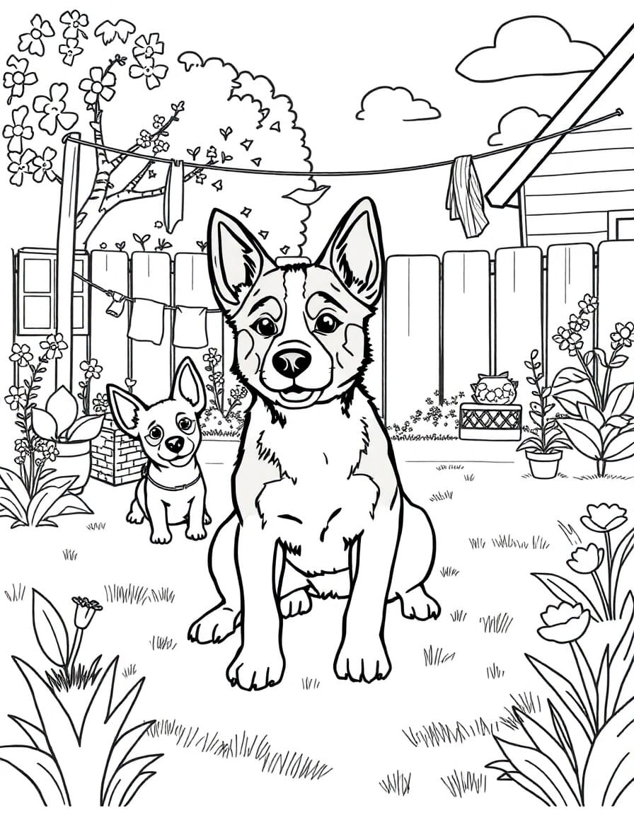 Free printable backyard fun coloring page for kids and adults - A the (blue heeler puppy bluey) heeler family playing in their backyard with the hills hoist clothesline and garden.