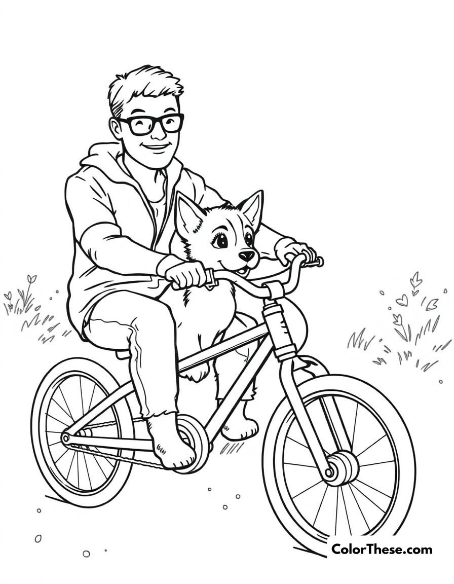 Free printable bike ride coloring page for kids and adults - A bluey (blue heeler puppy) learning to ride her bike with dad's encouragement and support.