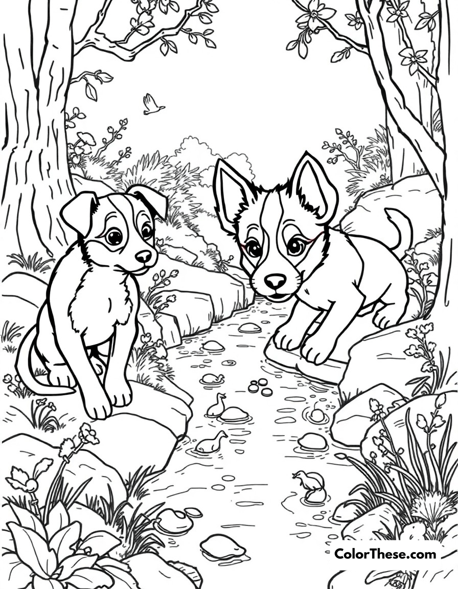 Free printable creek adventure coloring page for kids and adults - A bluey (blue heeler puppy) and friends exploring the creek, discovering nature and little creatures.