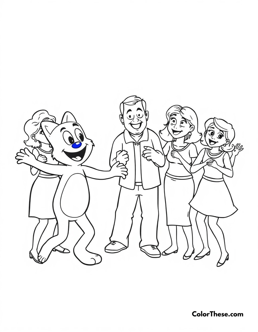 Free printable dance mode coloring page for kids and adults - A bluey (blue heeler puppy), bingo, and their parents doing silly dances when 'dance mode' is activated.