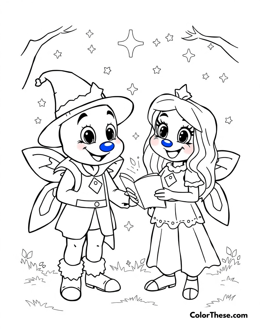 Free printable fairy tale coloring page for kids and adults - A bluey (blue heeler puppy) and bingo dressed as fairy tale characters, acting out a magical story.