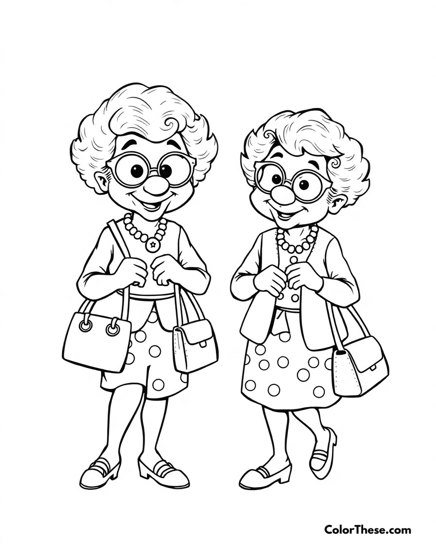 Free printable grannies game coloring page for kids and adults - A bluey (blue heeler puppy) and bingo dressed up as grannies rita and janet, with their handbags and silly walks.