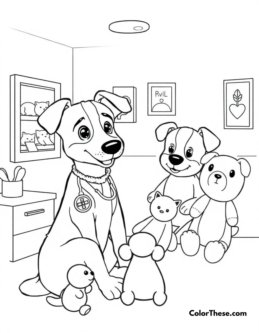 Free printable hospital game coloring page for kids and adults - A bluey (blue heeler puppy) playing doctor with her family, treating stuffed animals in their pretend hospital.