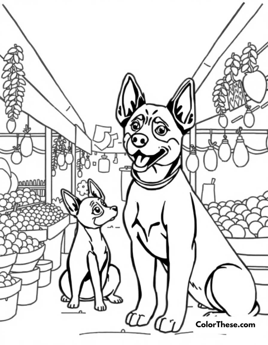 Free printable markets day coloring page for kids and adults - A the heeler (blue heeler puppy) family visiting the markets, with stalls full of fruits and crafts.