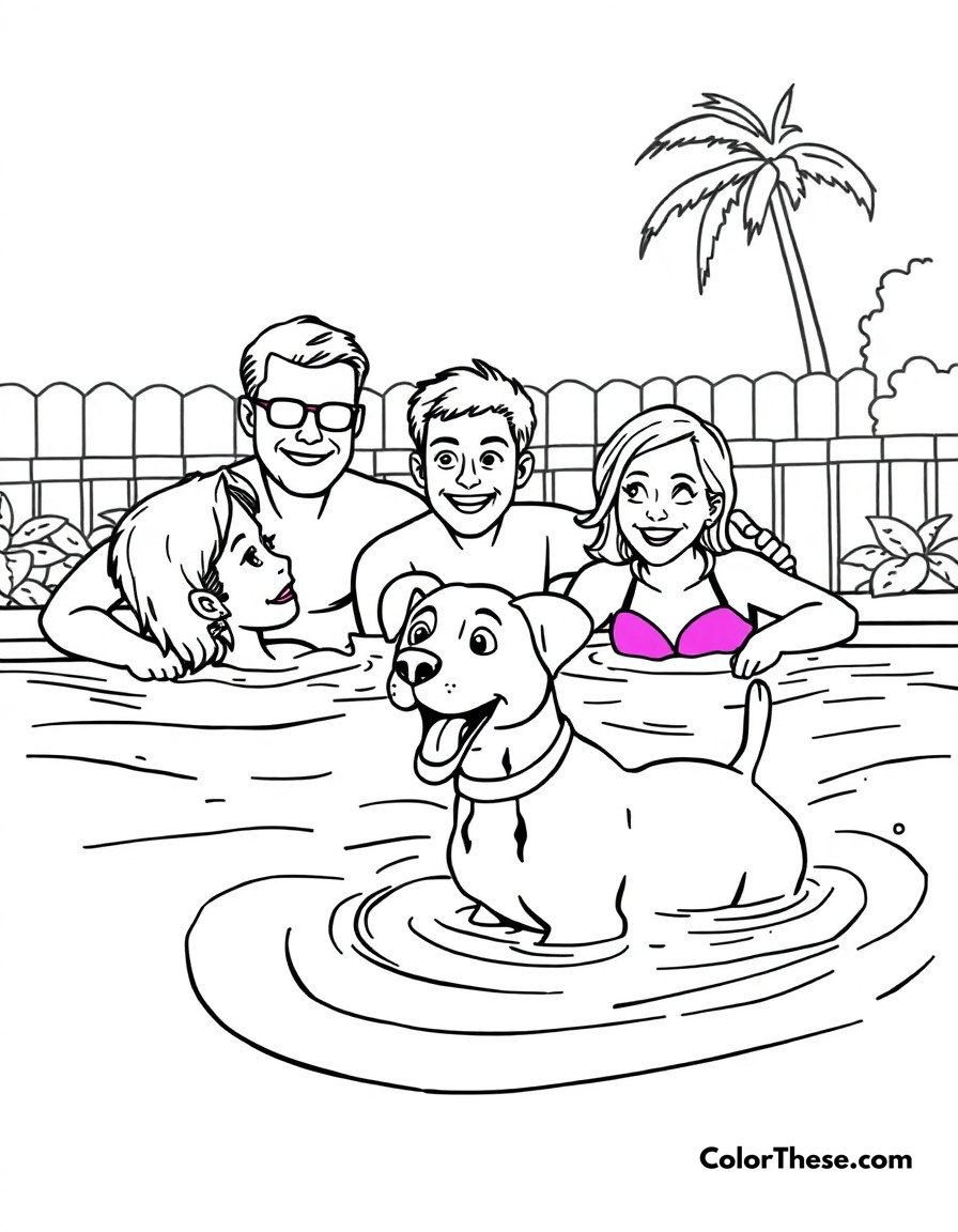 Free printable pool time coloring page for kids and adults - A the family enjoying a swim at the pool, with bluey (blue heeler puppy) learning to be brave in the water.