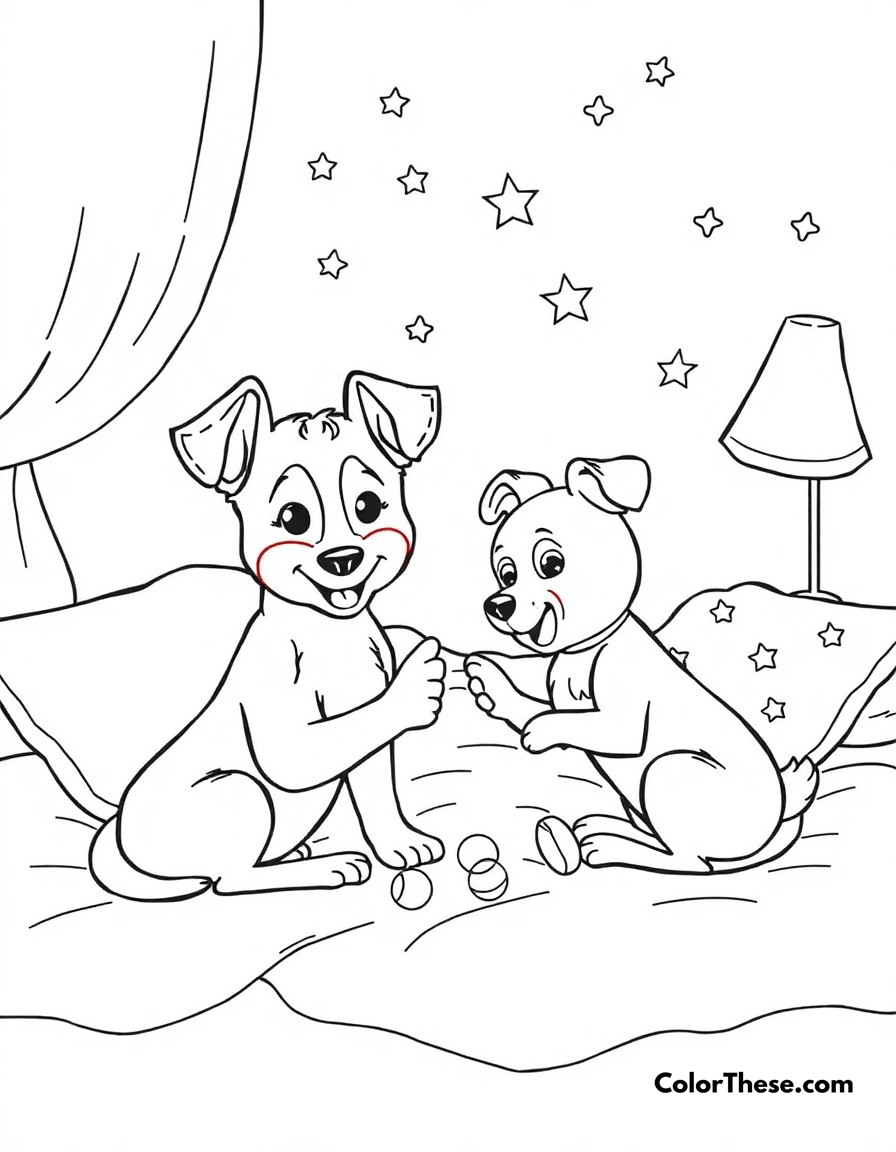 Free printable sleepover fun coloring page for kids and adults - A bluey (blue heeler puppy) having a sleepover with her friend muffin, playing games before bedtime.