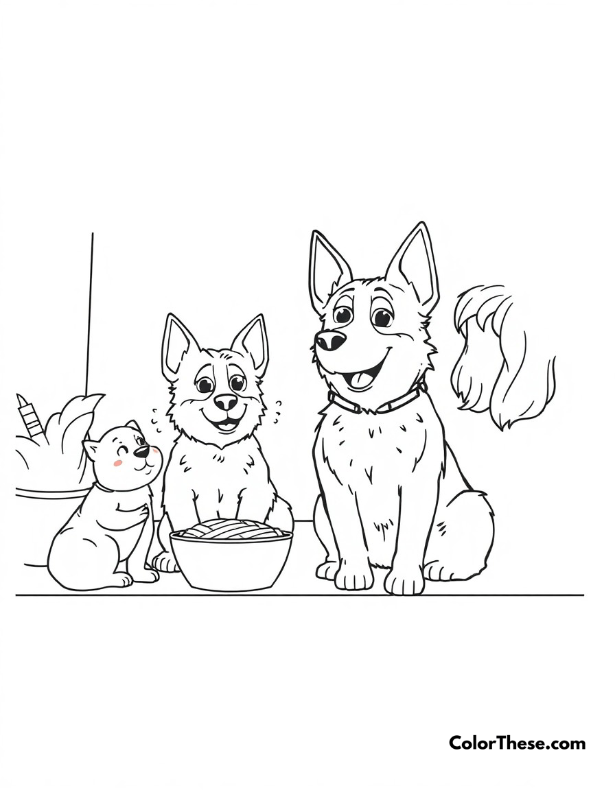 Free printable takeaway adventure coloring page for kids and adults - A bluey (blue heeler puppy) and family waiting for their takeaway food, finding ways to make waiting fun.