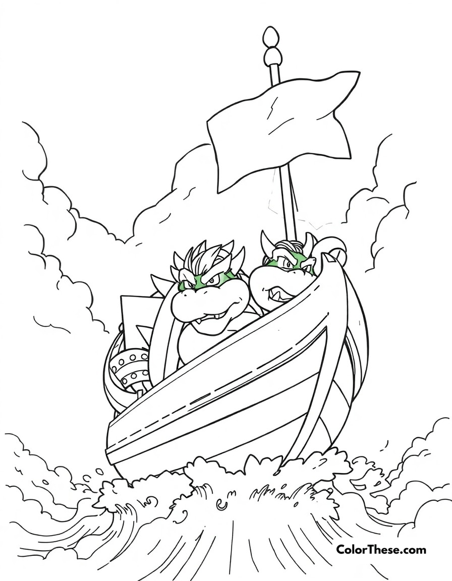 Free printable bowser's airship battle coloring page for kids and adults - A bowser commanding his airship fleet through stormy skies, with his flag flying high.