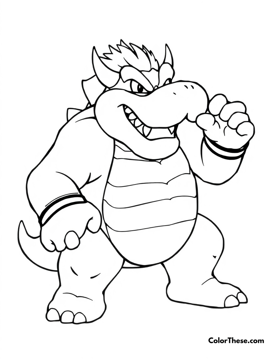 Free printable bowser's battle pose coloring page for kids and adults - A bowser in his iconic battle stance, ready to face off against mario.