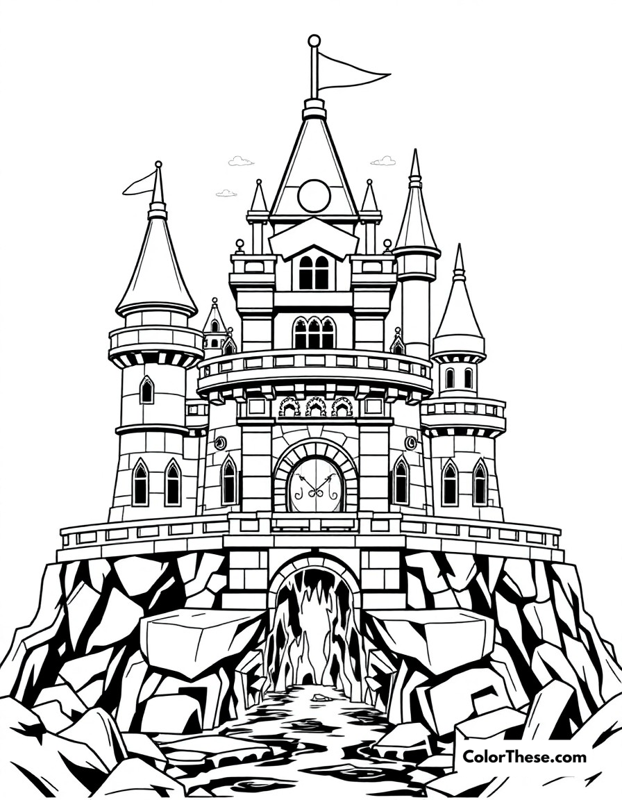 Free printable bowser's castle exterior coloring page for kids and adults - A the impressive exterior of bowser's castle with its intimidating architecture and lava moat.