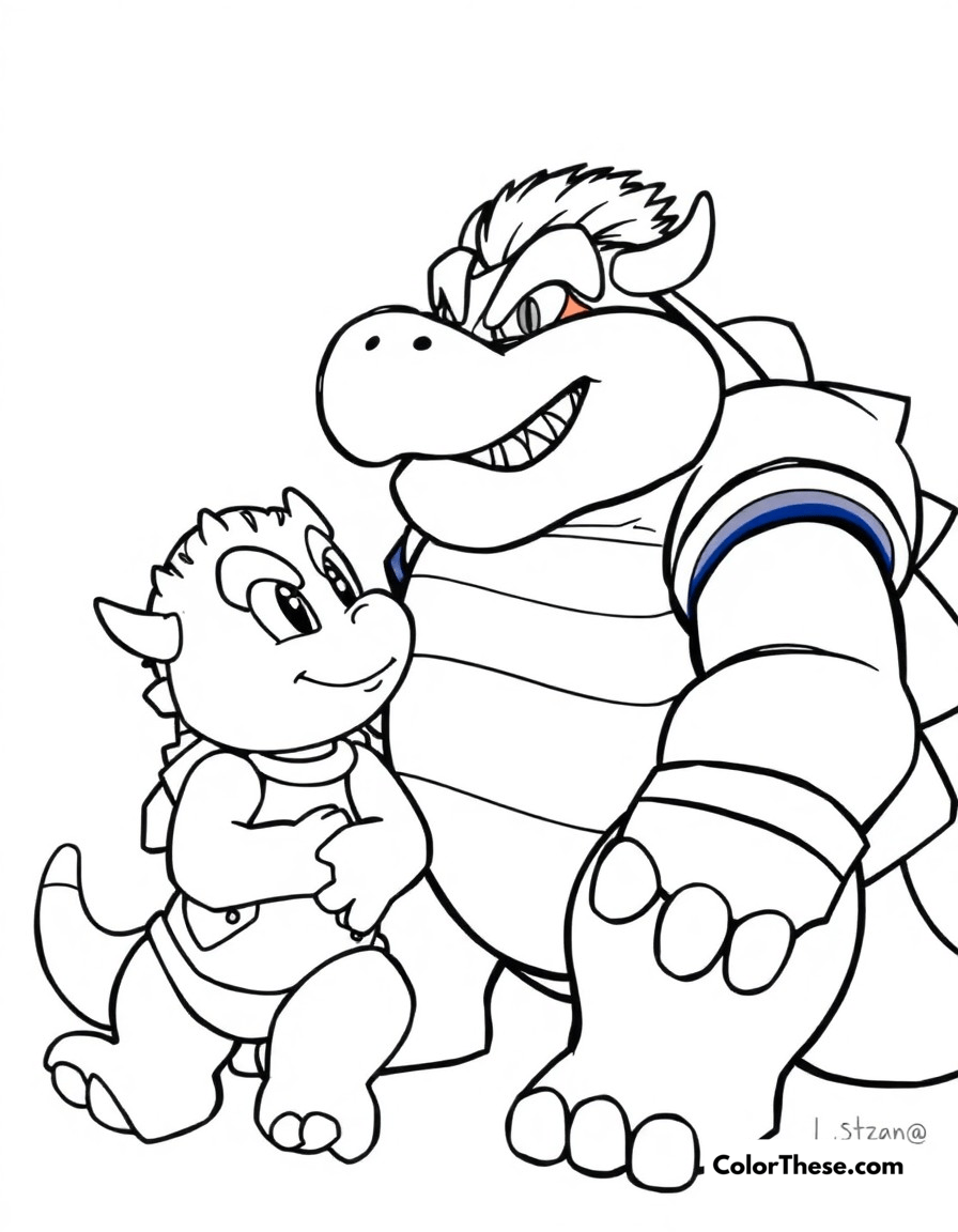 Free printable bowser's family time coloring page for kids and adults - A bowser spending quality time with bowser jr., showing his softer side.