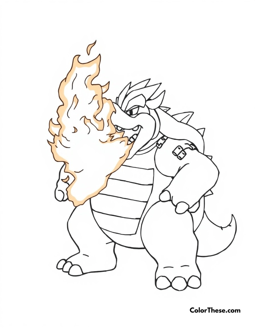 Free printable bowser's fire breath coloring page for kids and adults - A bowser unleashing his powerful fire breath, creating an impressive display of flames.