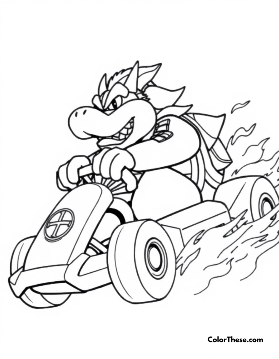 Free printable bowser's kart race coloring page for kids and adults - A bowser racing in his intimidating kart, leaving flames in his wake.