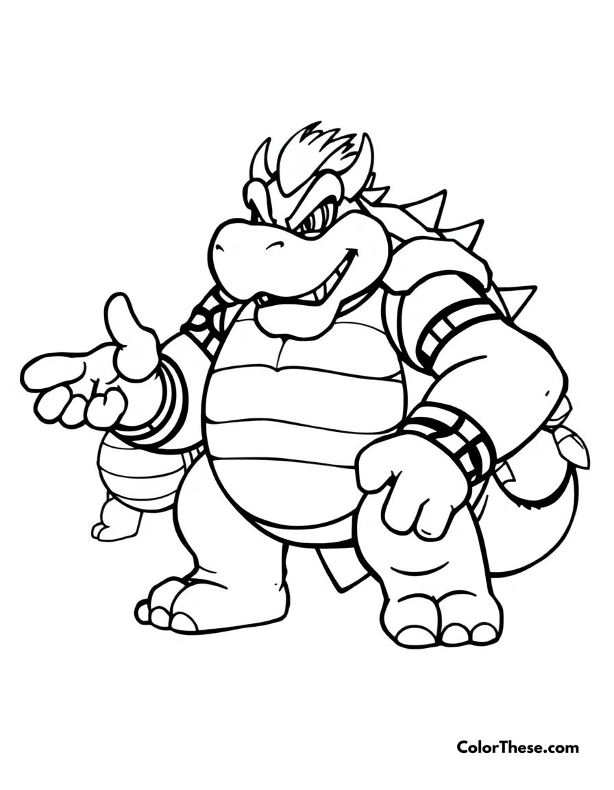 Free printable bowser's minion meeting coloring page for kids and adults - A bowser giving orders to his loyal koopa troopas and goombas.